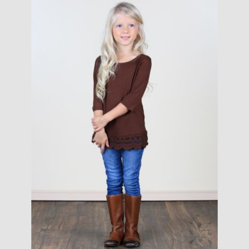Girls Brown Crochet Lace Tee